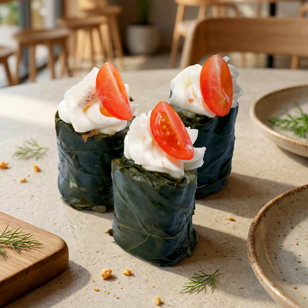 ورق عنب محشوة بالجبن الكريمي والخضار الطازجة،