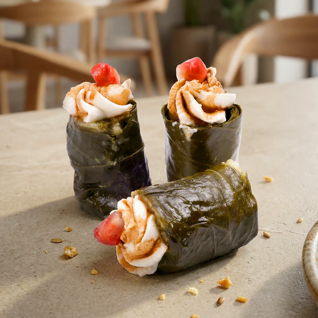 ورق عنب محشوة بنكهات متوازنة مع لمسة حلوة وحامضة من دبس الرمان،